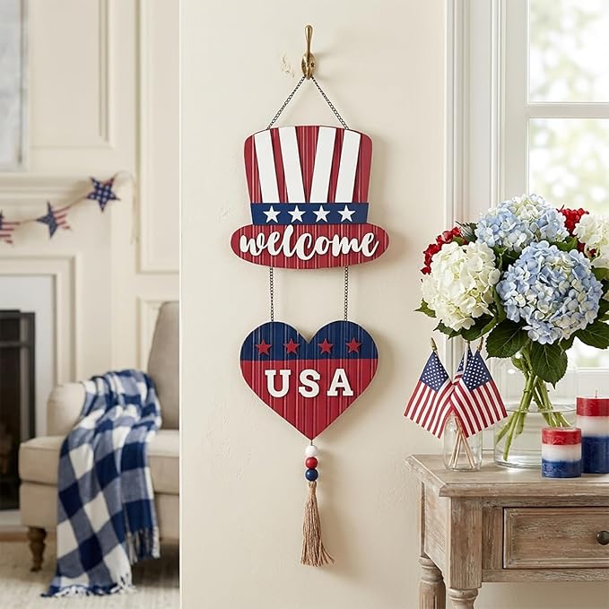 Valery Madelyn 4th of July Wreath, Patriotic Wreath for Front Door, Red White and Blue Top Hat and Heart Wall Signs for Memorial Day Independence Day USA 250th Anniversary, 22 inch