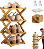 The 4-Tier No-Assembly Bamboo Rack, Bamboo Shoe Rack, Foldable Shoe Rack, Space Saving Collapsible Shelves for Entryway, Closet, Bathroom, Bamboo Shoe Rack, Foldable Shoe Rack (Wood, 4Tier)