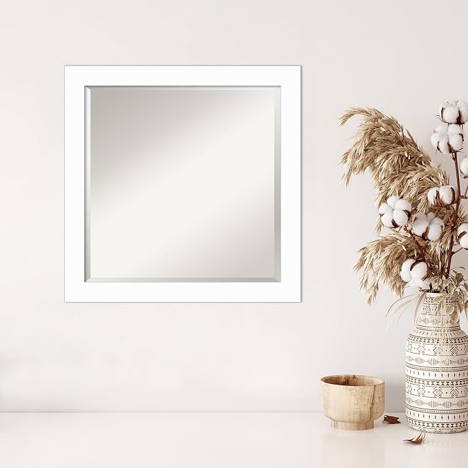 Amanti Art White Wall Mirror 23x23 Basic White Narrow Square Bathroom Mirror for Wall Decor Living Room, Medium Casual Wood Frame, Hangs Horizonally and Vertically, Bathroom Decor, Beveled Edge