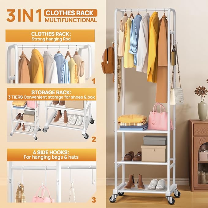 Clothes Rack with Wheels, Freestanding Garment Rack with 3 Metal Shelves for Hanging Clothes, Portable Hanging Rod for Small Room, Bedroom, Bathroom (White)
