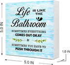 Blue Wood Life is Like The Bathroom Wooden Box Sign Desk Decor,Funny Bathroom Wood Block Sign for Farmhouse Toilet Shelf Decor