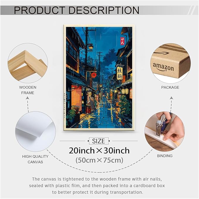 Japanese Tokyo Tea House Framed Canvas Wall Art Japanese City Street Cafe Scene Picture Print Modern Ukiyo-e Decor Poster for Japanese Home Bedroom Decorations Artwork20x30in