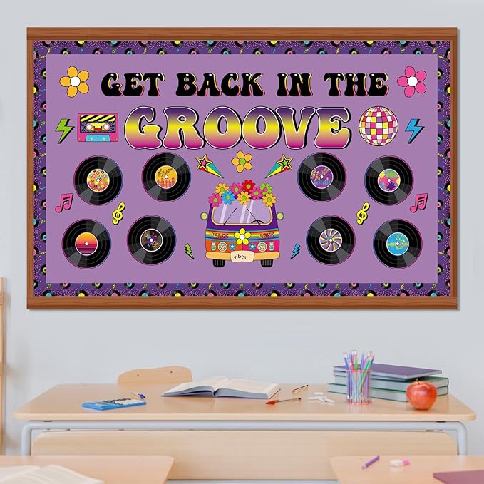 Pajean Groovy Music Bulletin Board Set Retro Record Classroom Decorations 80s 90s Disco Record Flower School Bus Cutouts with Purple Borders for Door Wall Chalkboard Decor Office Supplies