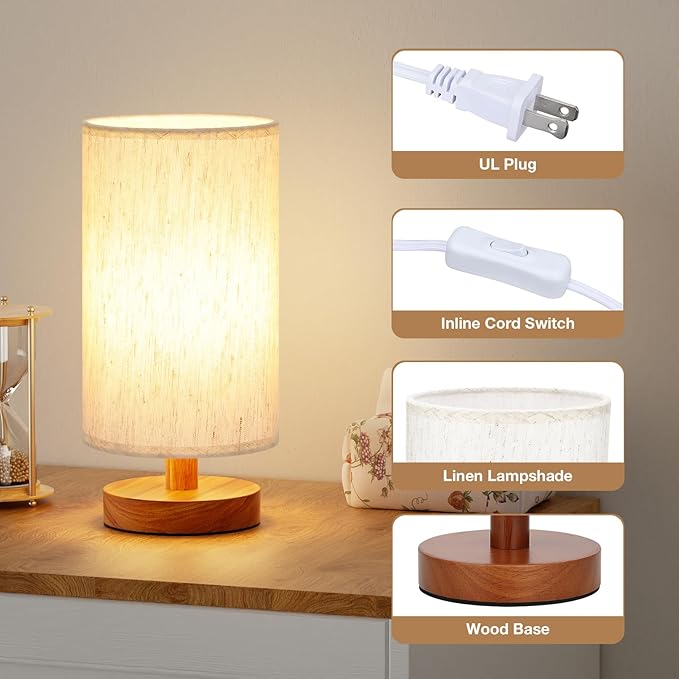 Fenmzee Small Lamps Set of 2 - Inline Control, Bedside Table Lamp for Bedroom with 3000K A15 LED Blub, Easy Assembly (Cream Shade - Walnut Base Set of 2, 9" Inline Control)