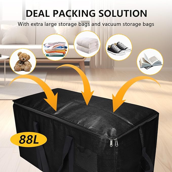 Extra Large Storage Bags Set Heavy Duty Moving Totes with Handles, Zippers-Way Carrying Design Fold Flat Storage Totes for Space Saving (Black, 12 Park-2 Moving bag & 10 Vacuum Seal Bags)