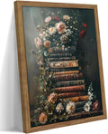 Vintage Framed Wall Art Flowers Books Canvas Prints, Dark Academia Wildflowers Oil Painting, Botanical Book Pictures Artwork for Living Room Bedroom Study – Dark Wooden Frame 12x16in
