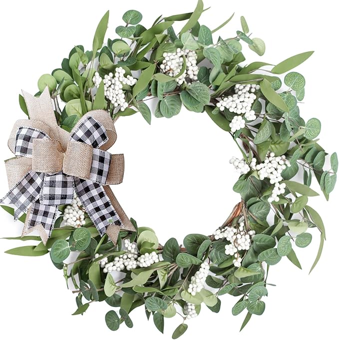 Artificial Eucalyptus Wreath for Front Door|20" Green Leaf Wreath for Window Home Porch Farmhouse Patio and Garden Indoor Outdoor Decor with Bow for Spring Summer Fall Winter