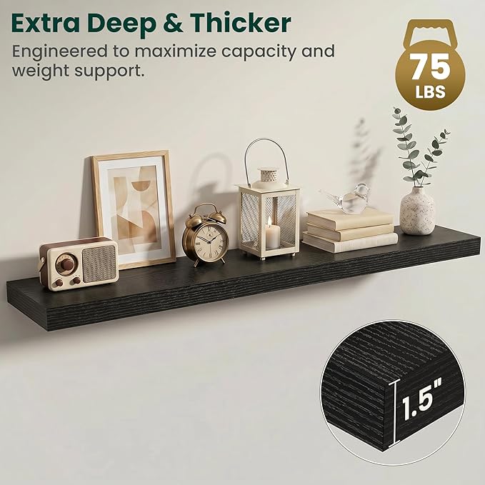 Floating Shelves for Wall 55 in x 9.3 in Deep, Wall Mounted Rustic Wood Shelf with Invisible Brackets for Storage & Display, Living Room Bedroom Bathroom, Black, 1 Pack