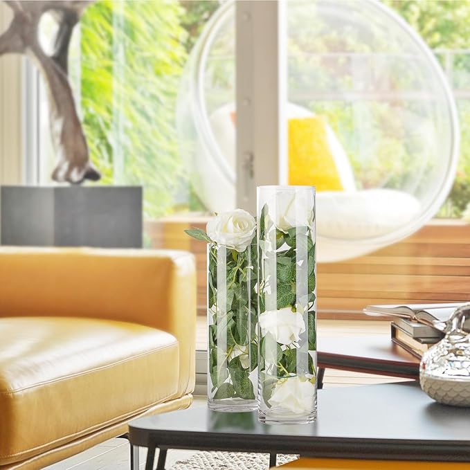 WGVI Quality Thick Weighted Clear Cylinder Glass Vases, 4" W x 8" H, Flower Arrangement Floating Candle Holders Wedding Centerpieces Terrarium Planter Floral Storage Container, Bulk Wholesale, 6 Pcs