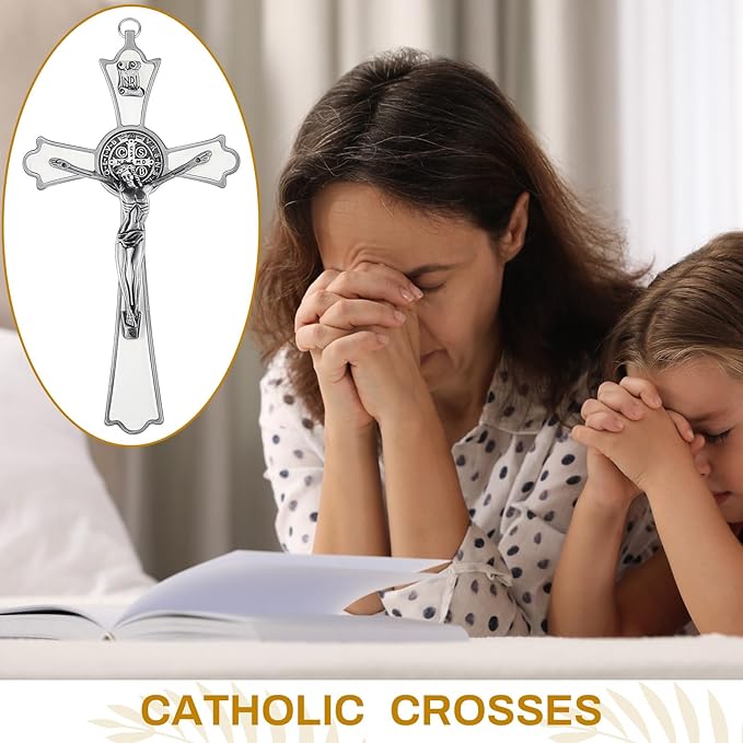 Leinuosen 6 Pcs Crucifix Wall Cross 8 Inch Saint Benedict Enamel Crucifix Metal Sacred Catholic Cross Saint Benedict Metal Wall Art for Spiritual Faith Gift Blessing Baptism Rosary Holy Decor