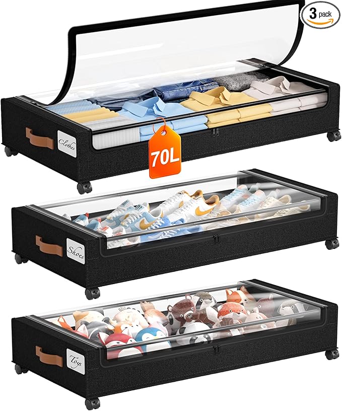 Yecaye 70L Under Bed Storage with Wheels, 3 Pack Larger Capacity Under Bed Storage Containers, Underbed Shoe Storage Organizer, Rolling Under Bed Metal Drawers for Clothes, Blankets, Black
