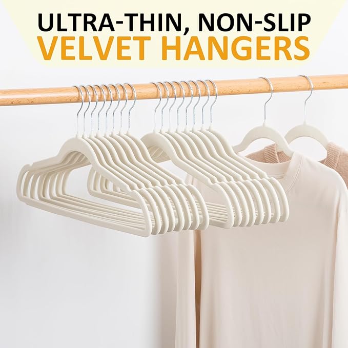 ELONG HOME Velvet & Slim Felt Hangers 50 Pack, Beige 360 Swivel Hook Non-Slip Adult Hangers for Coats, Pants & Dress Clothes