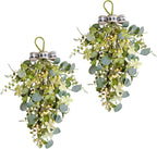 2 Pcs Eucalyptus Leave Swags, Greenery Teardrop Swag with Berries and Bow, 20 Inch Spring Summer Floral Swags for Front Door, Wall, Mantel and Window