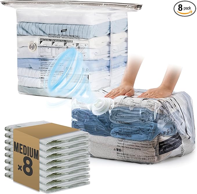 TAILI 8 Pack Cube Vacuum Storage Bags, Medium Size (25x19x11 inch), Vacuum Seal Bags for Clothing, Travel Compression Packing for Clothes, Blankets, Baby Clothes, Travel Accessories