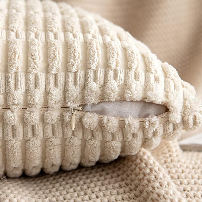 MIULEE Pack of 2 Corduroy Decorative Lumbar Throw Pillow Covers 20x12 Inch Soft Boho Striped Pillow Covers Modern Farmhouse Home Decor for Sofa Living Room Couch Bed Cream White