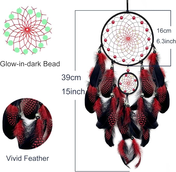 Red and Black Dream Catcher Wall Decor Feather Dream Catchers with Luminous Bead Handmade Dreamcatcher Wall Hanging Ornament for Bedroom Living Room Home Decor