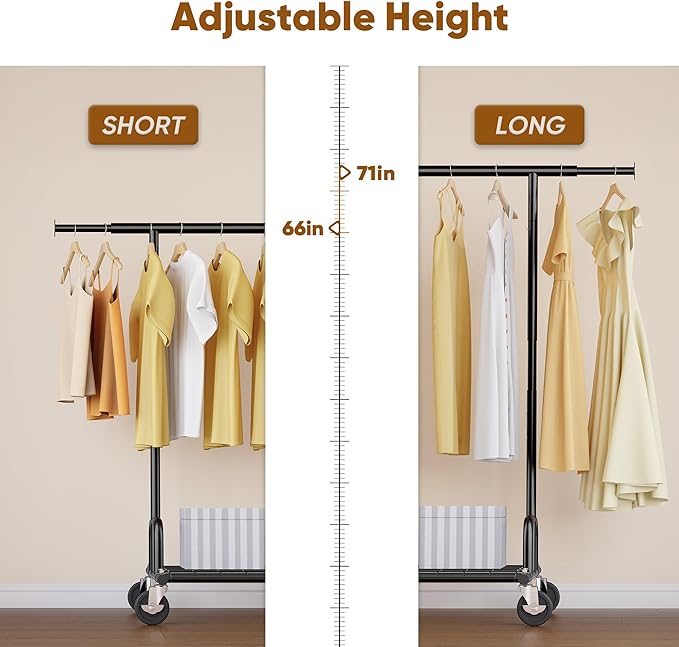 HOKEEPER Clothes Rack Collapsible Clothing Garment Rack Capacity 525LBS Clothing Racks on Wheels Heavy Duty Rolling Clothes Rack for Hanging Clothes for bedroom, Commercial, Black 22"D x 75"W x 71"H