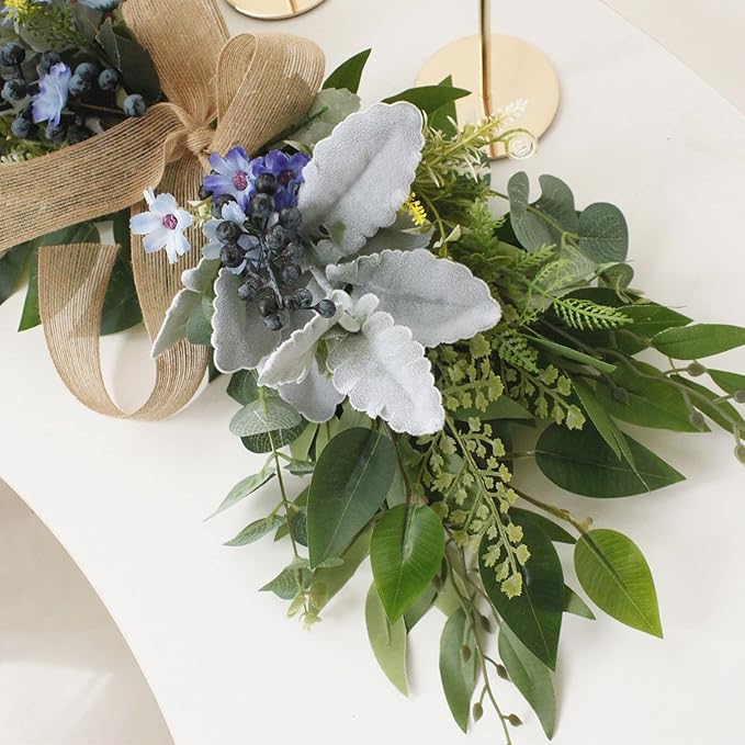 DEDEMCO Spring Floral Swag Wreath for Front Door 25.5 Inch,Eucalyptus Greenery Flower Swag with Silk Bow and Blue Berries,Wedding Arch Flower Swag for Home Table Centerpieces