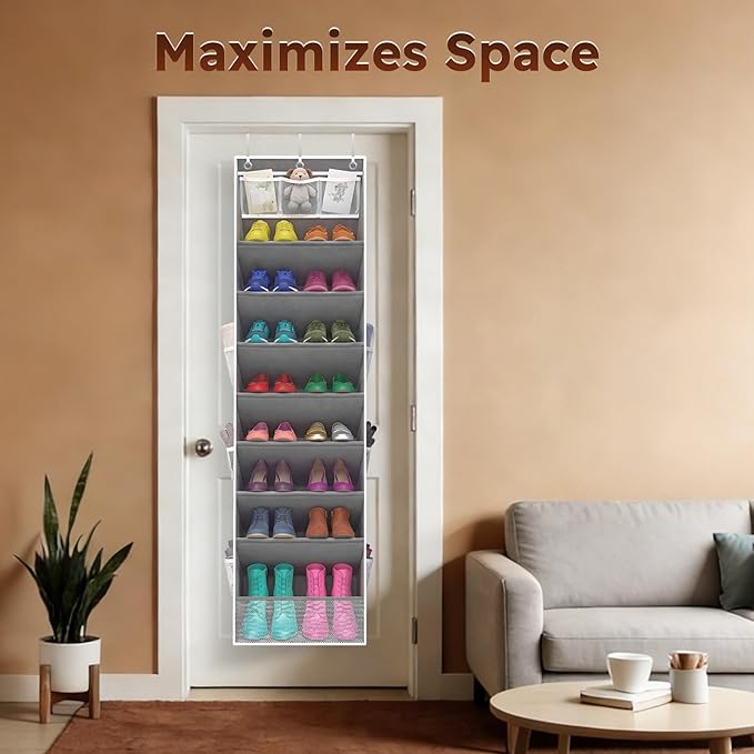 Over The Door Shoe Organizer - 8 Tier Hanging Shoe Organizer with Large Capacity Pockets, Shoe Organizer for Closet, Shoes Rack for Door, Fits 16-24 Pairs of Sneakers, Boots, Heels – Grey
