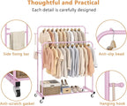 Laiensia Double Rods Garment Rack with Wheels, Clothing Rack for Hanging Clothes,4 Hooks, Multi-Functional Bedroom Clothes Rack, Pink