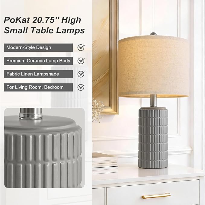 PoKat 20.75'' Ceramic Small Table Lamps for Bedroom, Modern Dark Gray Bedside Lamps Set of 2, Farmhouse Lamps for Living Room with Linen Lampshade for Night Stands Guest Room Side End Table Console