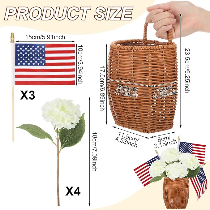 Riceshoot 4th of July Decoration Patriotic Door Hanger Basket Wreath for Front Door Woven Basket 250th Anniversary Hanging Sign with Artificial Hydrangea American Flag for Independence Day Table Decor