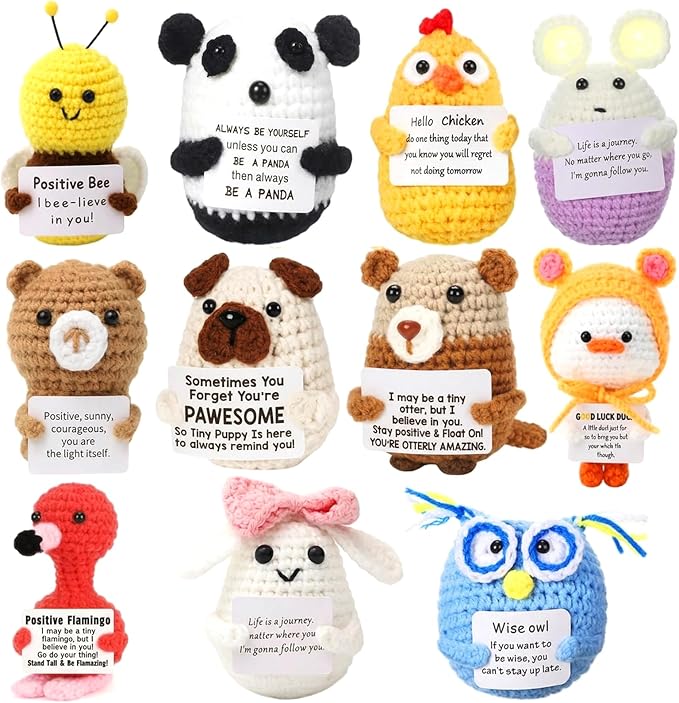 HunnmingRe 12 Pcs Cute Crochet Doll with Positive Card Soft Wool Animals Creative Knitting Dolls for Positive Support Inspirational Birthday Encouragement Gift(Animal Style)