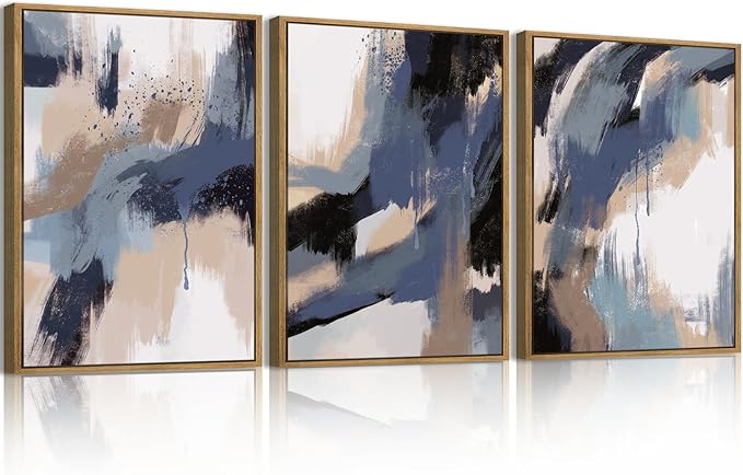 BINCUE Blue Neutral Wall Art Framed Modern Abstract Artwork Blue Abstract Wall Decor Modern Blue Wall Paintings Abstract Neutral Wall Pictures for Living Room Bedroom Office Bathroom 12" Lx16 W Set of 3