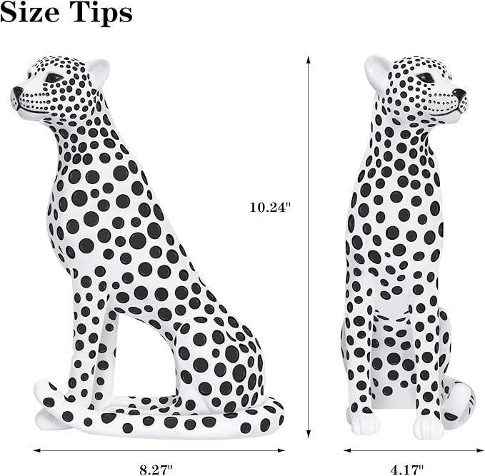 Quoowiit Statues for Home Decor, Modern Sculptures and Statues Decorations for Living Room, Bedroom, Table, Bookshelf, White Resin Leopard Art Decorative Sculpture with Black Polka Dots Design