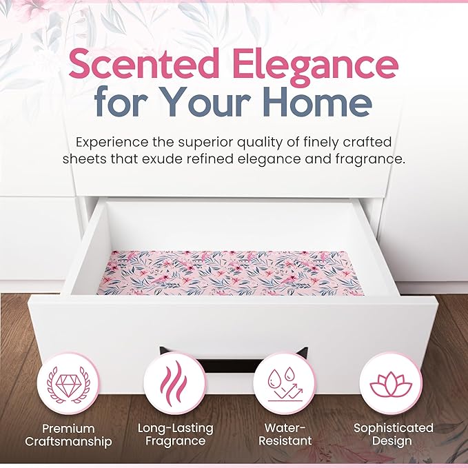 Floral Scented Drawer Liners for Dresser Drawers (10 Large Sheets, 19.7" x 14.4") - Non Adhesive Drawer Paper Liner for Bedroom Dresser & Closet Shelves by Linda’s Essentials