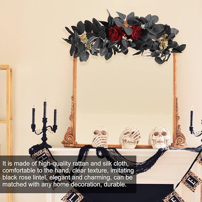 Artificial Flower Swag, Rose Eucalyptus Floral Swag Black Decorative Swag, Decorative Swag with Black Eucalyptus Leaves for Halloween Home Front Door Lintel Wedding Arch Party Tabletop Wall Decor(A2)
