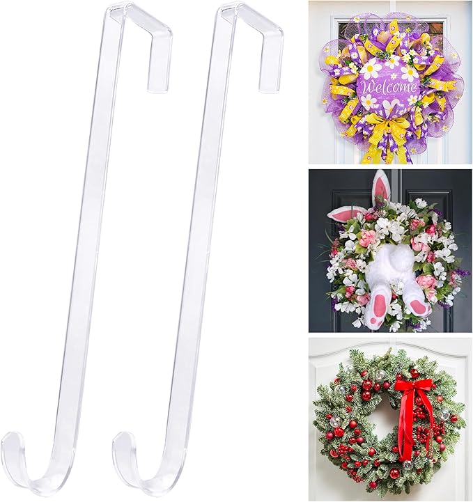 12" Clear Wreath-Hanger Non Scratch Over The Door Hooks,2 Pack Easter Halloween Christmas Decoration Welcome Sign for Front Doors Décor Inside Outside,Slim Hangers Organizer for Home