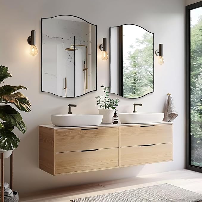 ANDY STAR 30"x40" Scalloped Wall Mirror，Matte Black Rectangle Bathroom Mirror with Curved Edge Stainless Steel Metal Frame, Large Wall-Mounted Mirror for Bathroom, Entryway (Horizontal/Vertical)