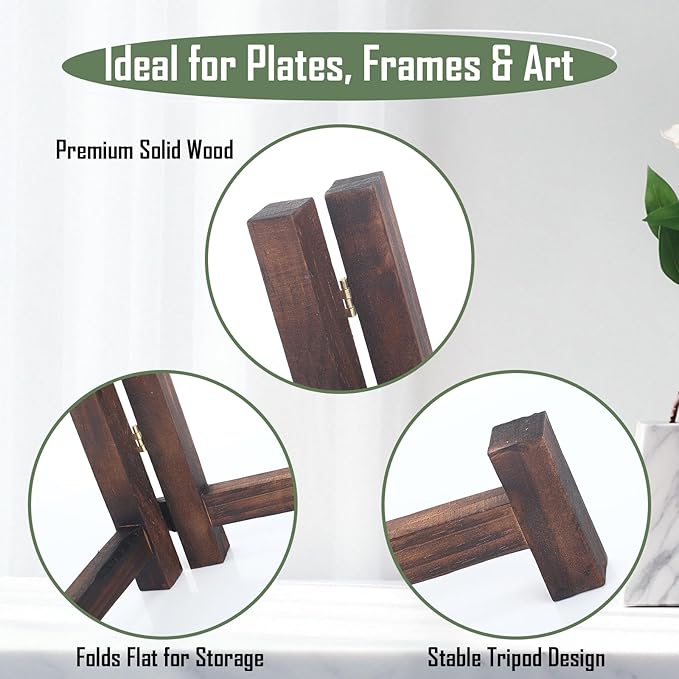Geelin 3 Pack Plate Stands for Display 7 Inch Wooden Folding Plate Holders Rustic Solid Wood Easel Holders for Decorative Picture Frames Art Tabletop Shelf Decorations
