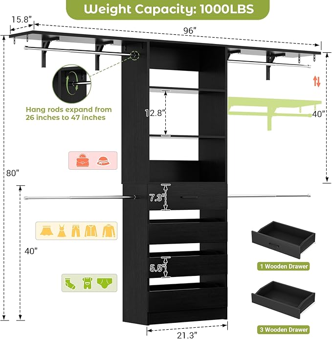 Aheaplus Closet System with 4 Drawers, 8FT Wood Closet Organizer System, 96’’ Walk-in Closet Wardrobe with Tower, 4 Hang Rods, 2 Top Shelves, Built In Closet Insert System, Fits Spaces 4-9 ft, Black