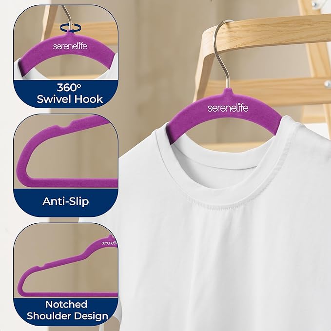 SereneLife 10 Pack Velvet Hangers – Non-Slip Clothes Hangers with Heavy Duty Design, Slim Space-Saving Coat Hangers with 360° Swivel Hook, Strong Lightweight Closet Organizer Set for Clothes (Purple)