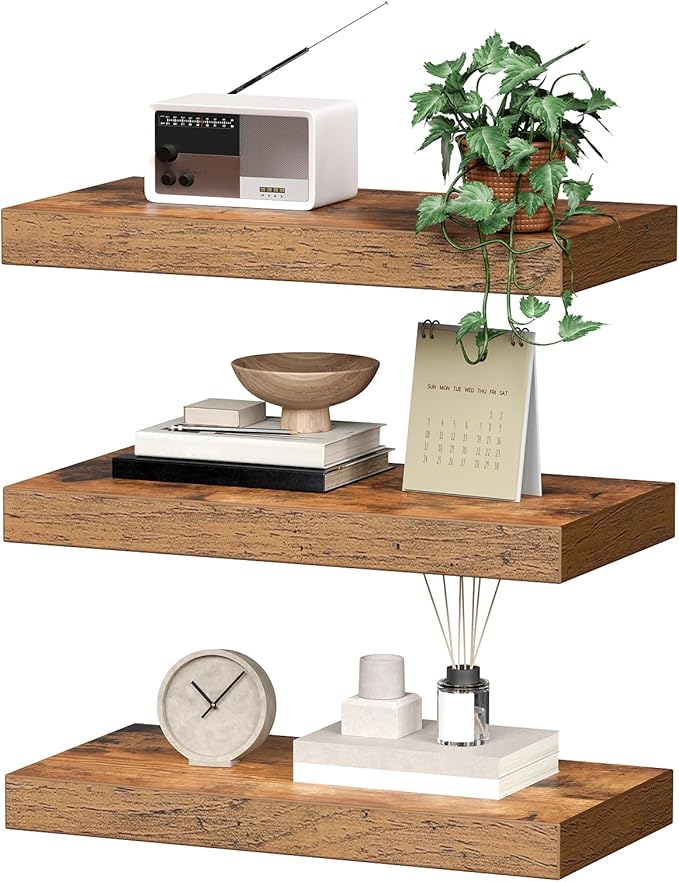 RALGEND Floating Shelves for Wall, 1.5" Thick Wall Shelf Set of 3 with Invisible Brackets, 15.7L x 7.9W Hanging Shelves Farmhouse Home Decor for Bathroom, Living Room, Bedroom, Rustic Brown 4301BJP3BF