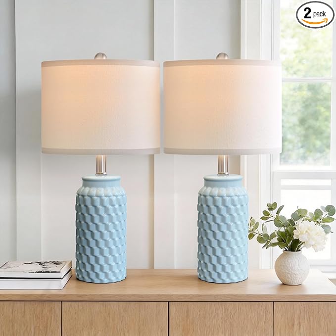 USumkky 20.5" Light Blue Modern Ceramic Bedside Lamp Set of 2 for Bedroom Decor Farmhouse Table Lamp for Living Room Office Dorm