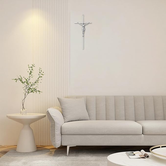 KUXBET Crucifix Wall Cross, Metal Wall Hanging Cross,10inch Silver Jesus Crucifix Home Décor, Gift for Family