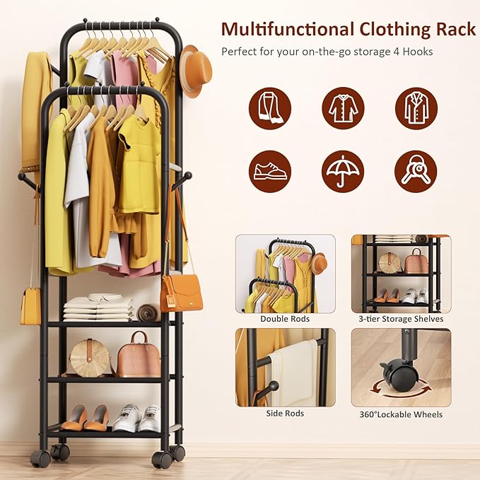 Furologee Clothing Racks for Hanging Clothes, Portable Rolling Garment Rack, Sturdy Metal Freestanding Clothes Rack with Wheels, Double Rods Wardrobe Racks for Bedroom Laundry Living Room