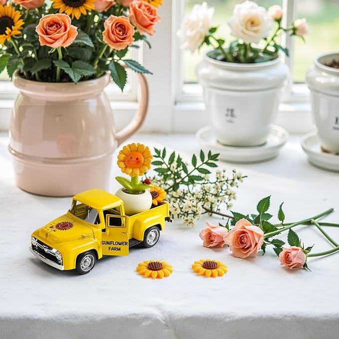 Sunflower Truck Decor, Yellow Vintage Pickup Truck with Sunflower Arrangement, Rustic Farmhouse Summer Tiered Tray Decor, Kitchen Table Centerpiece, Home Office Shelf Decorations