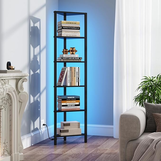TUTOTAK Corner Shelf with LED Light, 6-Tier Corner Bookshelf for Small Space, Narrow Display Corner Shelf Stand with Storage Rack, for Living Room, Bedroom, Black BS05BK006L