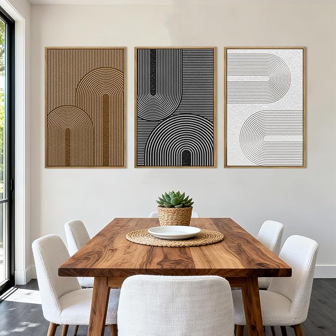 BINCUE Abstract Neutral Canvas Paintings Framed Modern Wall Art Neutral Geometric Wall Decor Modern Abstract Artwork Black and White Wall Painting Brown Pictures for Bedroom Living Room Office 16x24 Inch Set of 3