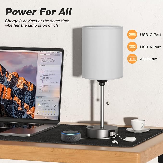 Dicoool Grey Bedroom Lamp for Nightstand - 3 Color Temperature Table Lamp with USB C and A Ports, Pull Chain Bedside Lamp with AC Outlet, Desk Lamp with Silver Metal Base for Kids Girls