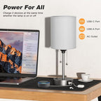 Dicoool Grey Bedroom Lamp for Nightstand - 3 Color Temperature Table Lamp with USB C and A Ports, Pull Chain Bedside Lamp with AC Outlet, Desk Lamp with Silver Metal Base for Kids Girls