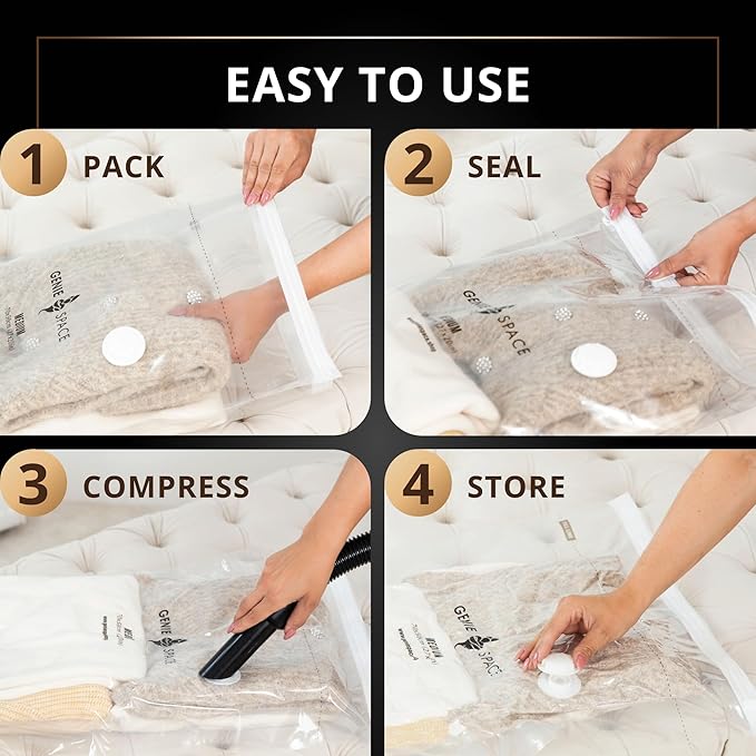 GENIE SPACE XXL Vacuum Storage Bags for Clothes, Bedding and Wardrobes – 43x35 in, Airtight, Reusable and Odor-Proof Space Saver Bags with Double Zipper Seal, 4-Pack with Hand Pump