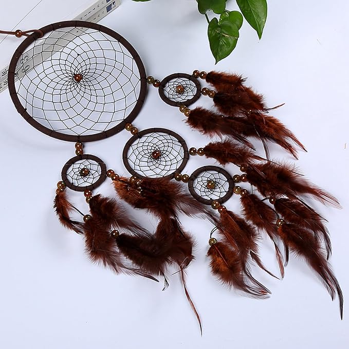 Handmade Dream Catchers Wall Decor,Boho Feather Dreamcatcher with Natural Elements,Unique Home Decor Gift for Bedroom, Living Room (Dark Brown 19.7in)