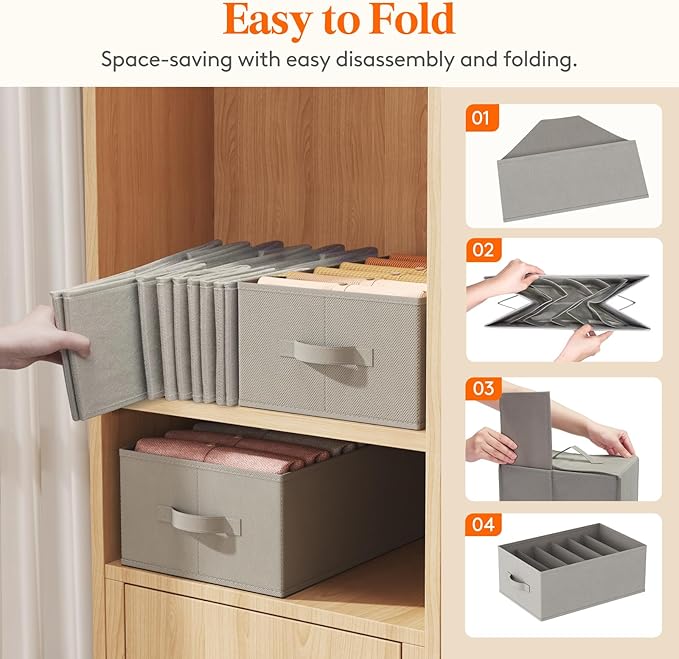 Lifewit Wardrobe Clothes Organizer 12 Pack, Large Size 6 Grids Closet Jean Storage Bins with Handles and Support Boards, Foldable Drawer Dividers for Sweater, Pants, T-Shirt, Hoodie, Dress, Grey