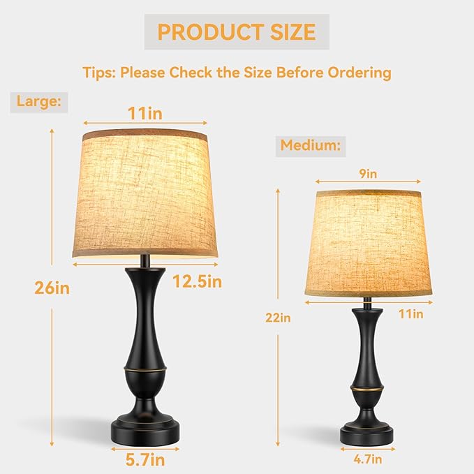 Seealle Upgraded Touch Lamps for Night Stands Set of 2 - Bedside Lamps with USB C+A, 3 Way Dimmable for Bedroom Living Room End Tables Office (Tall Beige&Black)