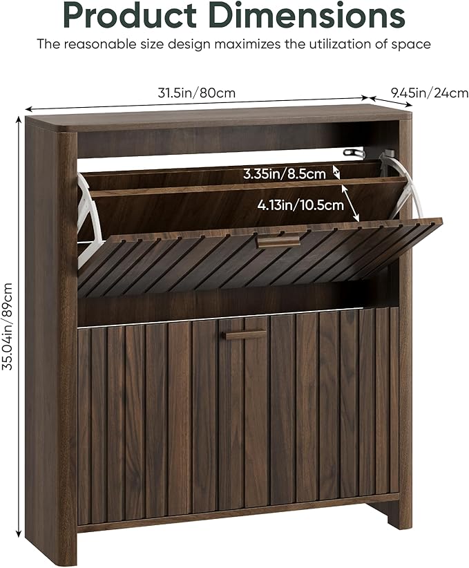 Shoe Cabinet with 2 Flip Drawers, 31.5 Inch Narrow Fluted Shoe Organizer with Gradient Wood Strips Door for Entryway Hallway, Living Room Storage Furniture, Walnut